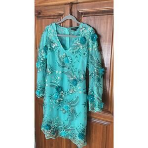 Boston Proper Women’s Size 4 Teal Appliqué Sheer Long Sleeve Dress V-Neck EUC